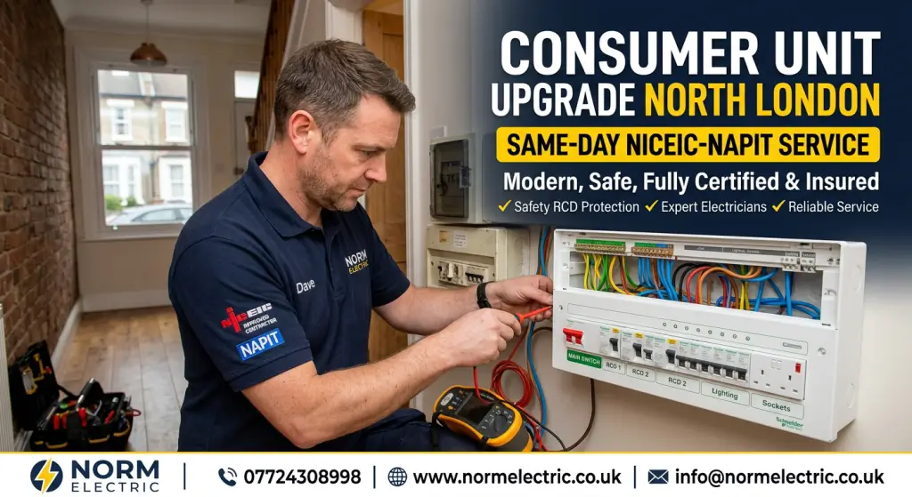 Consumer Unit Upgrade North London modern metal consumer unit with RCD protection installed by NICEIC electrician