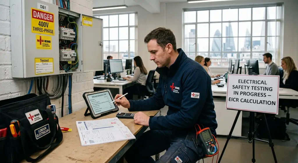 NICEIC electrician calculating Commercial EICR Cost London for office