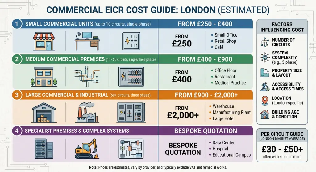 Commercial EICR Cost London pricing chart by business size 2026
