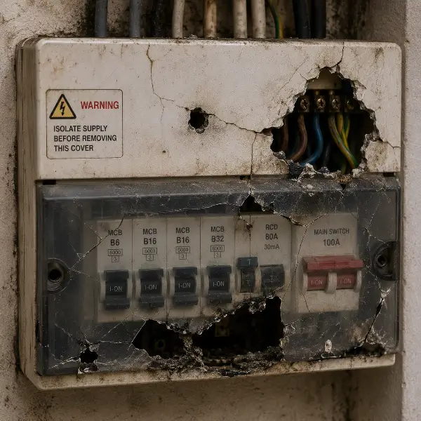 Damaged electrical panel with cracks