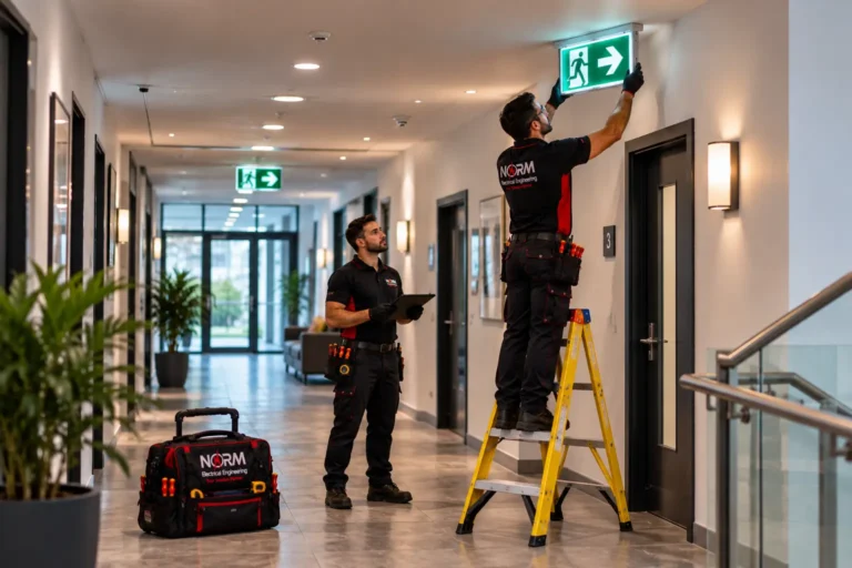 Electricians Installing a Green Exit Sign